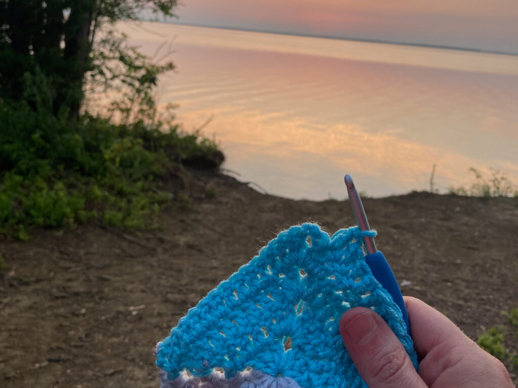 Crocheting at sunset