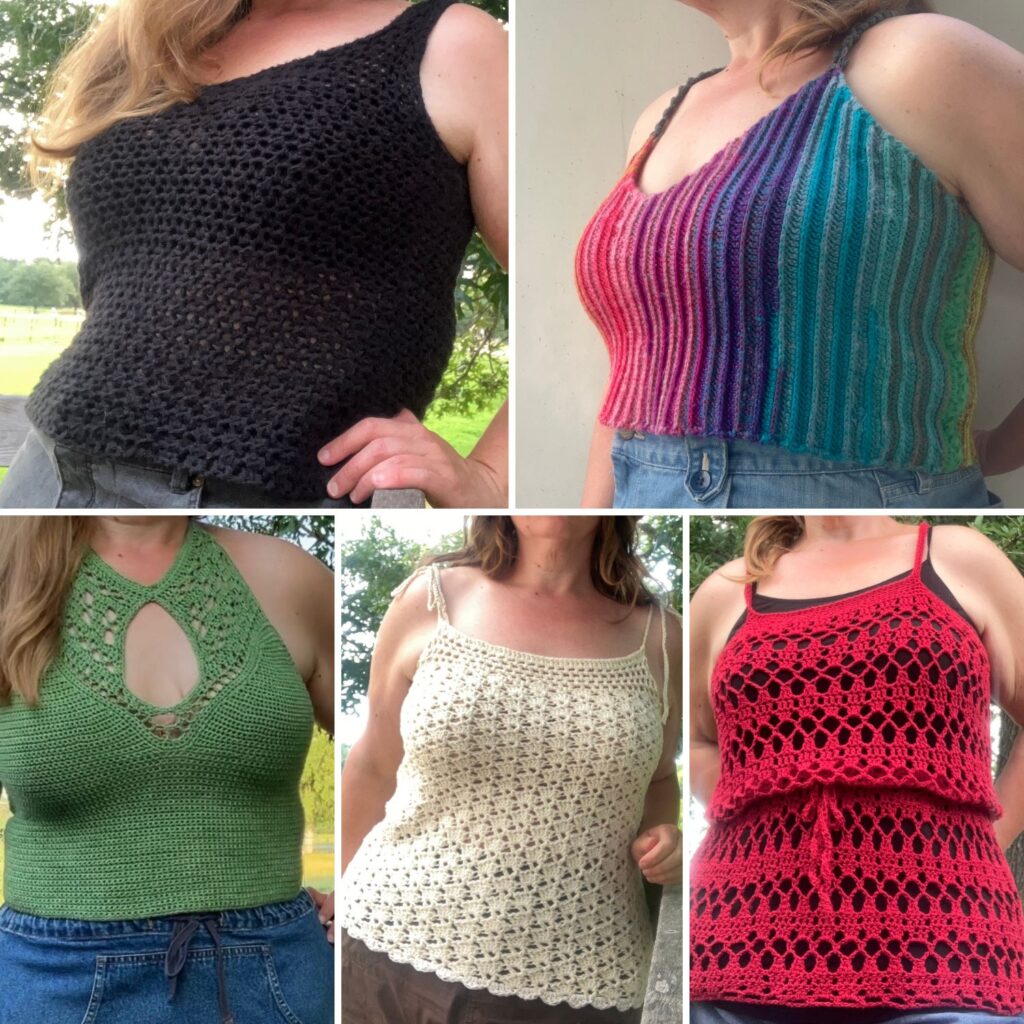collage image of 5 crochet tank top patterns
