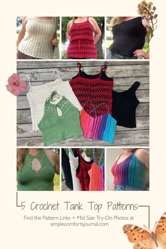 5 Crochet Tank Top Patterns - Find the Pattern Links + Mid Size Try-On Photos at simplecomfortsjournal.com - Pin it on Pinterest