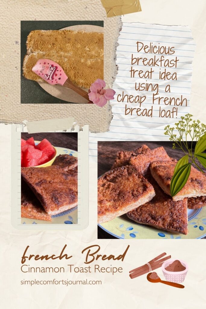 Scrapbook style image showing photos of the French Bread Cinnamon Toast Recipe - Pin it on Pinterest!